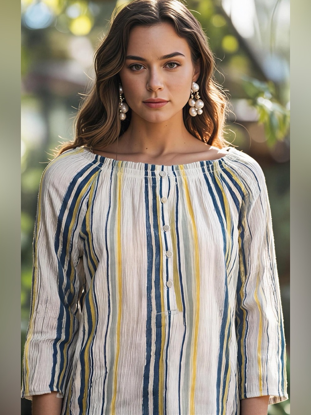 Chaps Women's Blue & Yellow Striped Lulu Peasant Stretchy Blouse Top Size Medium - Picture 15 of 15